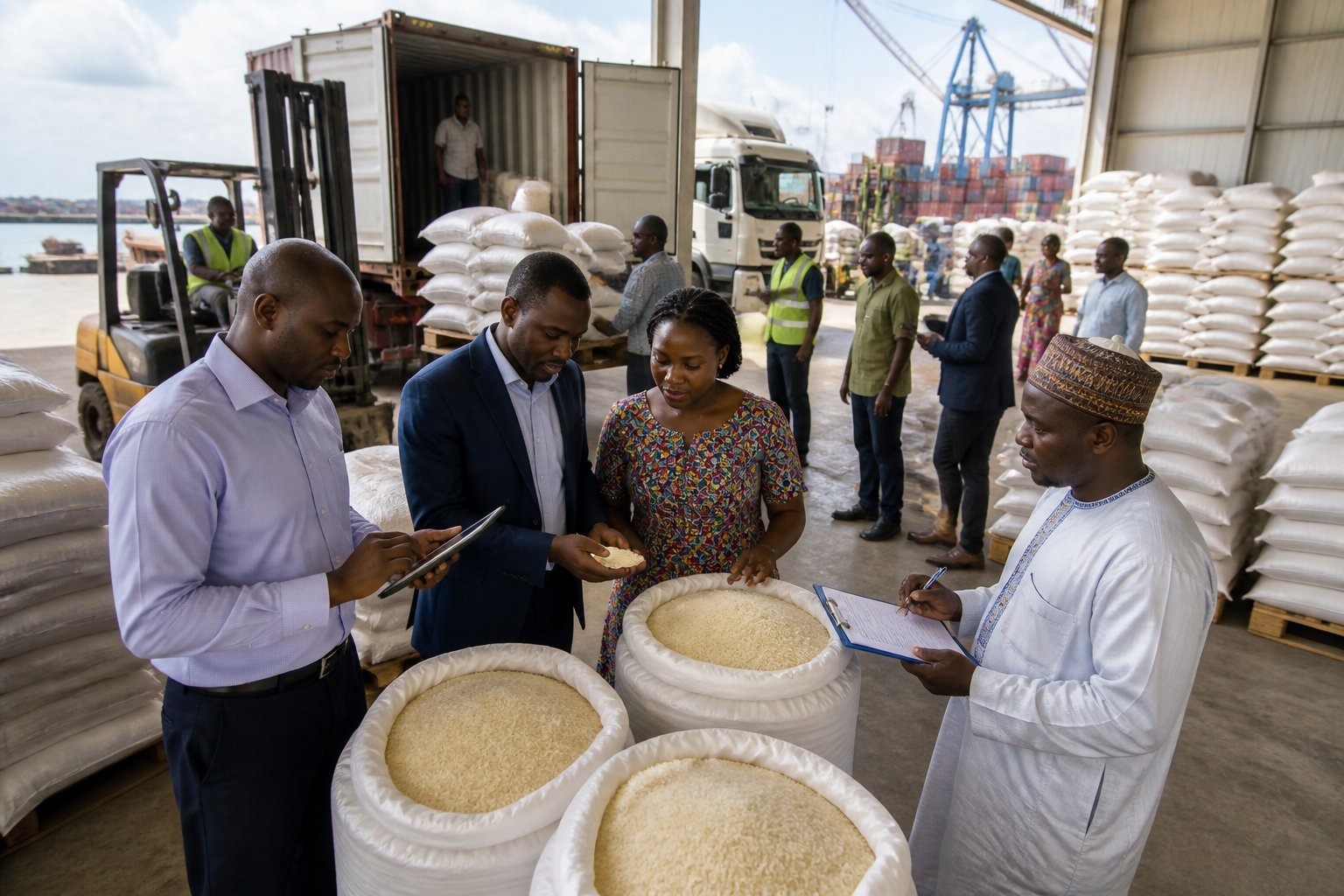 Rice importers, wholesalers, and retailers examine sacks of rice in a warehouse near a port in Ivory Coast.