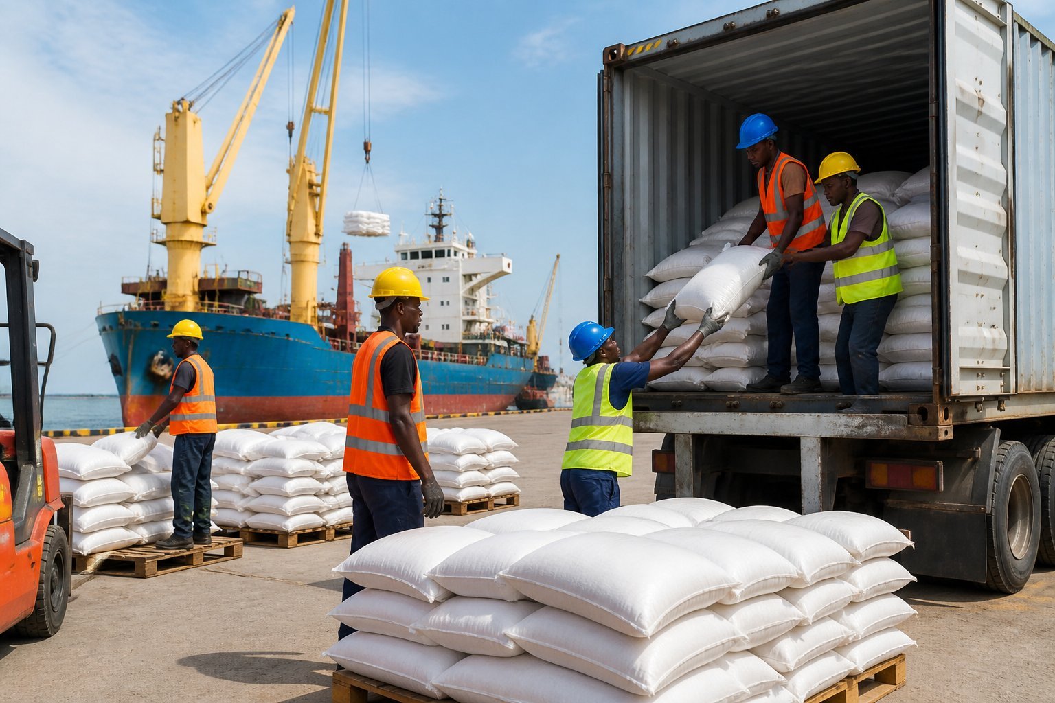 Port workers unload sacks of rice from a shipping container in The Gambia.