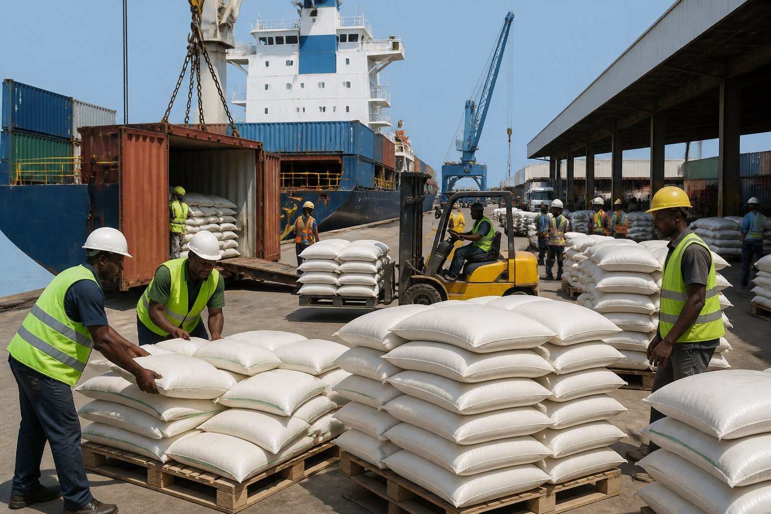 Workers unload large sacks of rice beside shipping containers at a busy Gambian port.