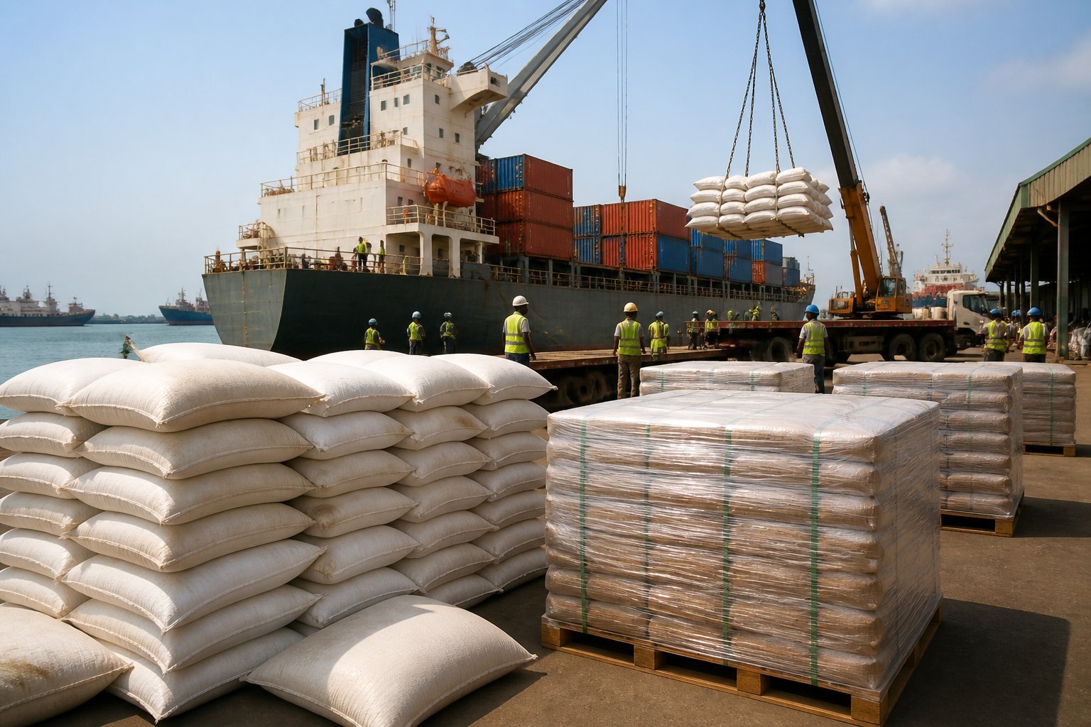 Workers unload generic rice shipments beside cargo containers at a West African port.