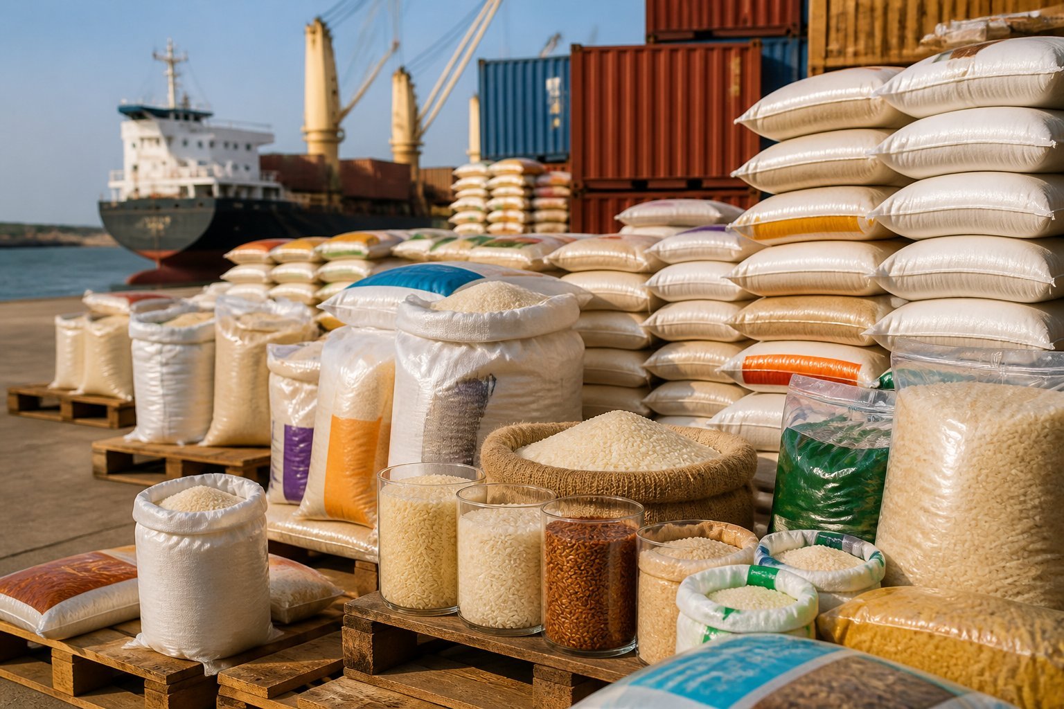 Rice sacks and sample grains arranged in a Gambian port warehouse near shipping containers.