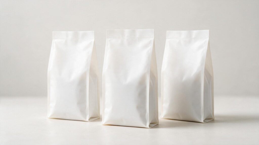 Unbranded white rice pouches illustrating white-label versus private-label rice