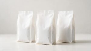 Unbranded white rice pouches illustrating white-label versus private-label rice