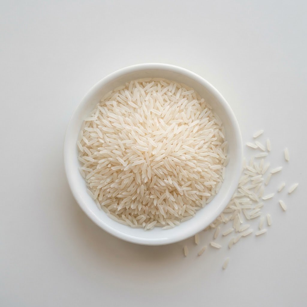 White sella basmati rice, long pale parboiled grains in a white dish