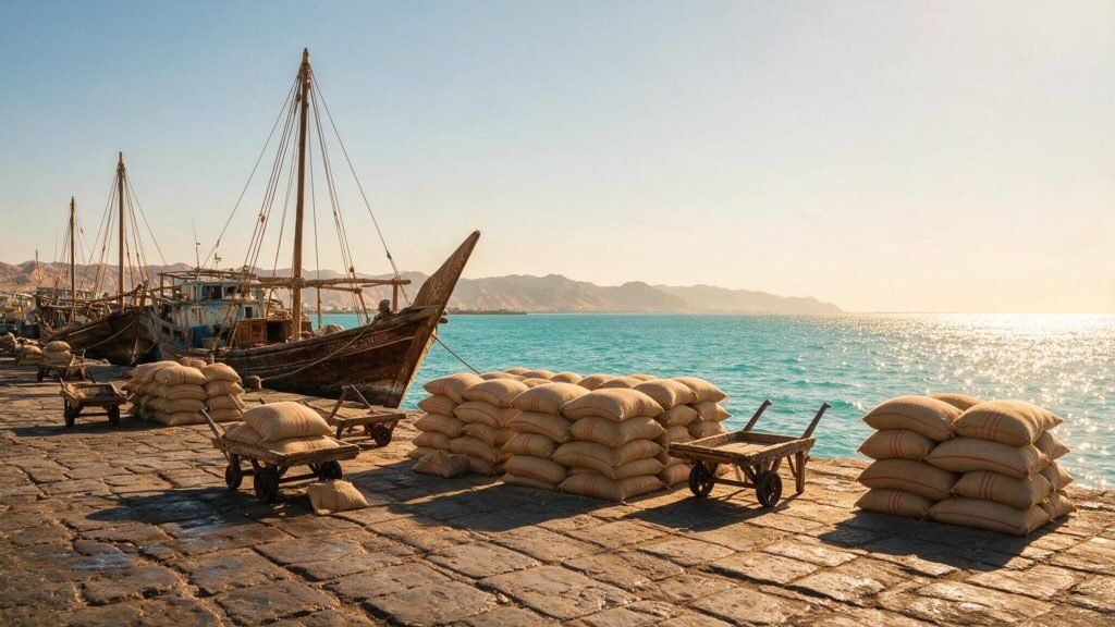 Wooden dhows and jute rice sacks on the quay at the port of Aden for Yemen rice imports