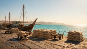 Wooden dhows and jute rice sacks on the quay at the port of Aden for Yemen rice imports