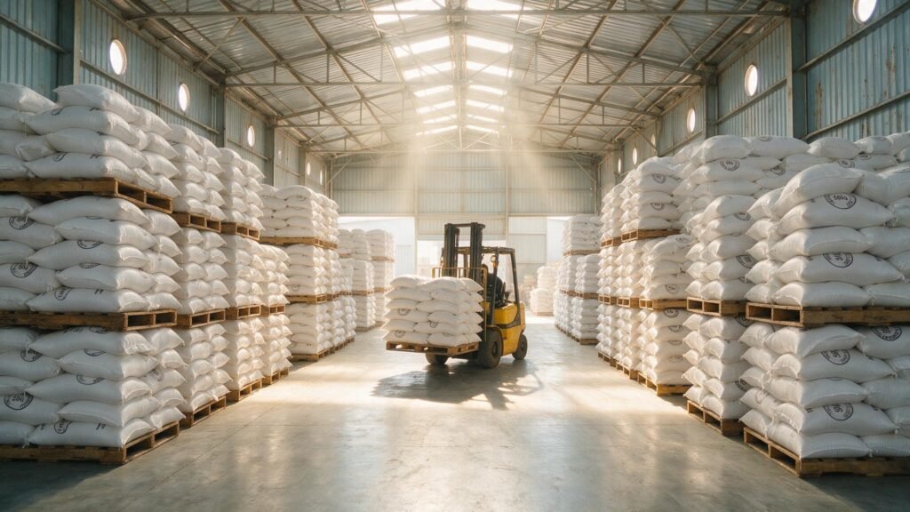 Stacked 50kg export rice sacks on pallets with a forklift in a Southern African wholesale rice warehouse