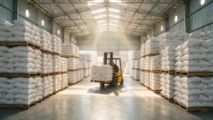 Stacked 50kg export rice sacks on pallets with a forklift in a Southern African wholesale rice warehouse