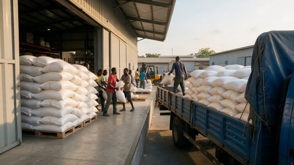 Workers loading sacks of imported rice onto a truck at a distribution depot in Accra, Ghana