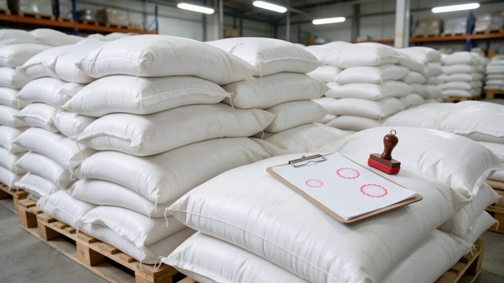 Rice sacks with inspection paperwork and an official stamp representing halal rice certification for the GCC