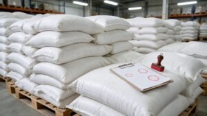 Rice sacks with inspection paperwork and an official stamp representing halal rice certification for the GCC