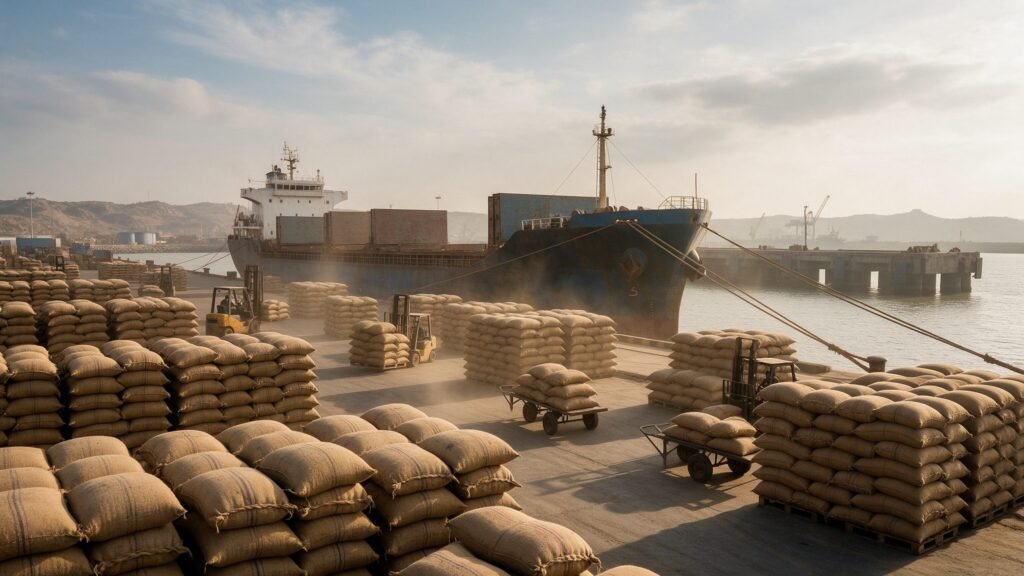 Jute sacks of rice being loaded for export at an Indian port, illustrating importing rice from India