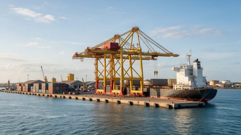 Cargo ship and containers at the port of Beira, Mozambique, a gateway for the country’s rice imports