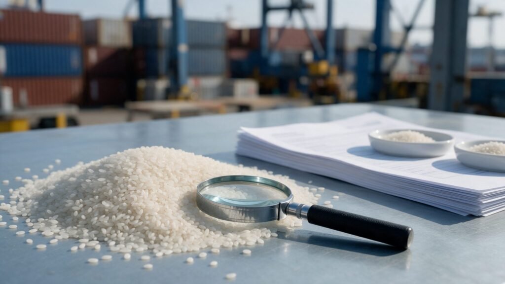 Inspector examining rice grains with documents during a phytosanitary check at a port