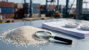 Inspector examining rice grains with documents during a phytosanitary check at a port