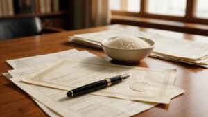 Letter of credit and shipping documents on a desk illustrating rice import payment terms