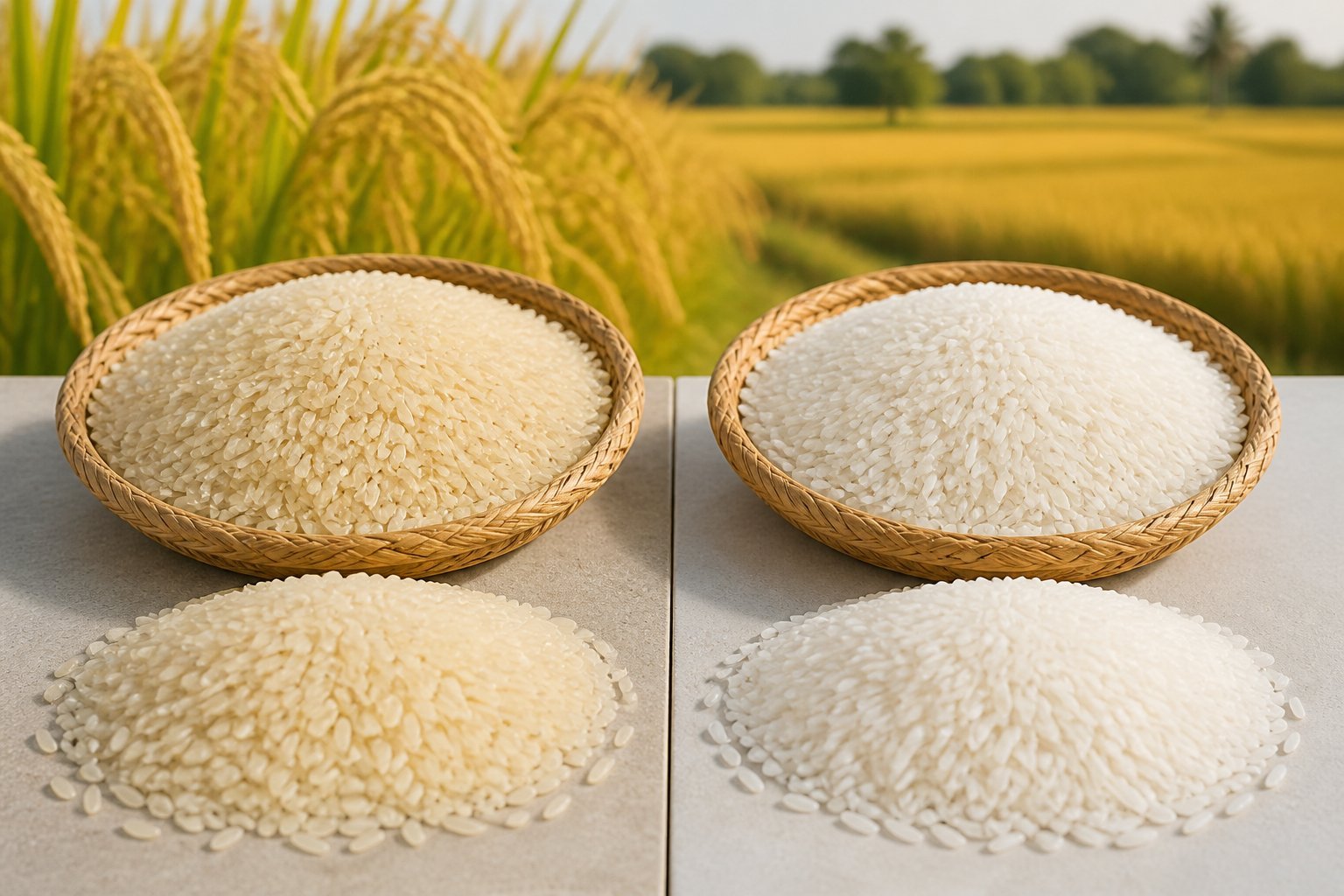 Two different varieties of uncooked white rice displayed side by side in bowls against a softly blurred rice field.