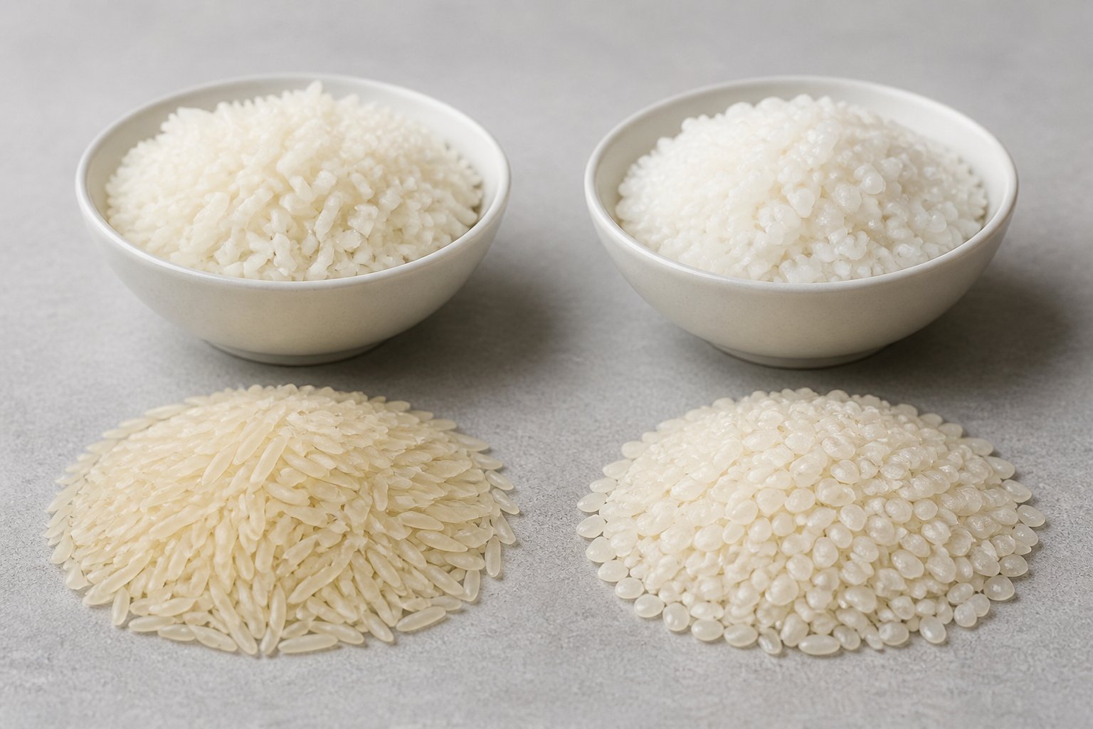 Two distinct rice varieties are displayed side by side as uncooked grains and cooked rice samples.