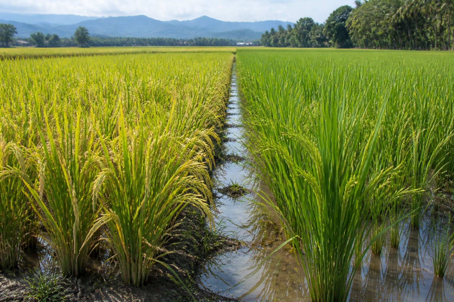 Two distinct rice varieties growing in adjacent sections of a green paddy field.