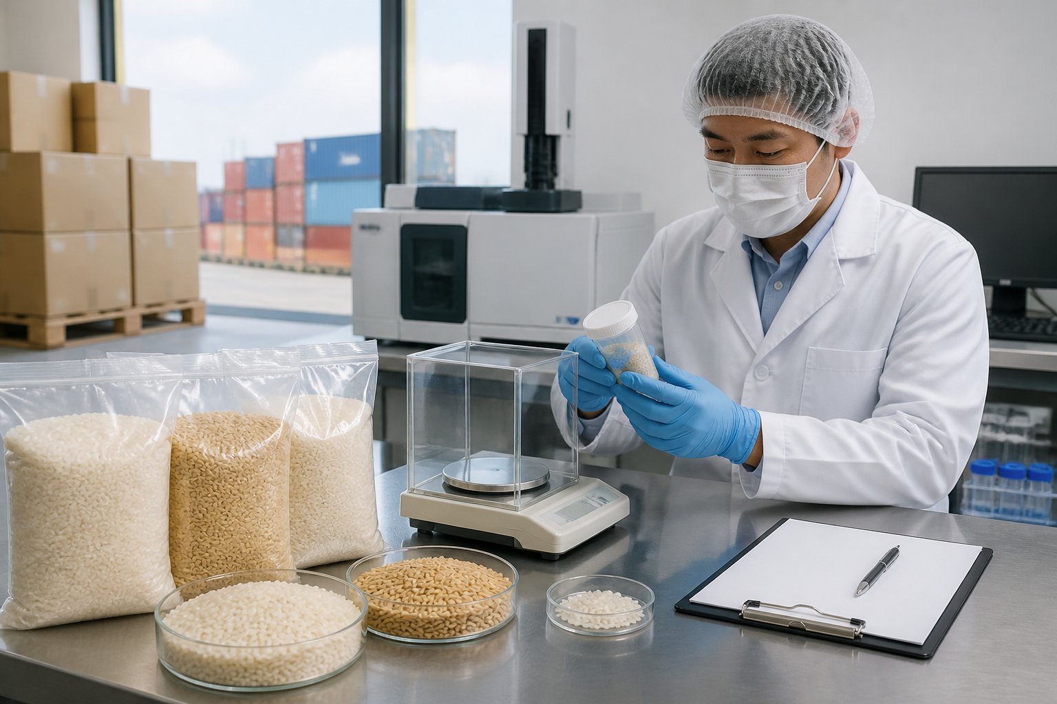 A food-safety inspector examines rice samples and testing equipment in a modern import inspection laboratory.