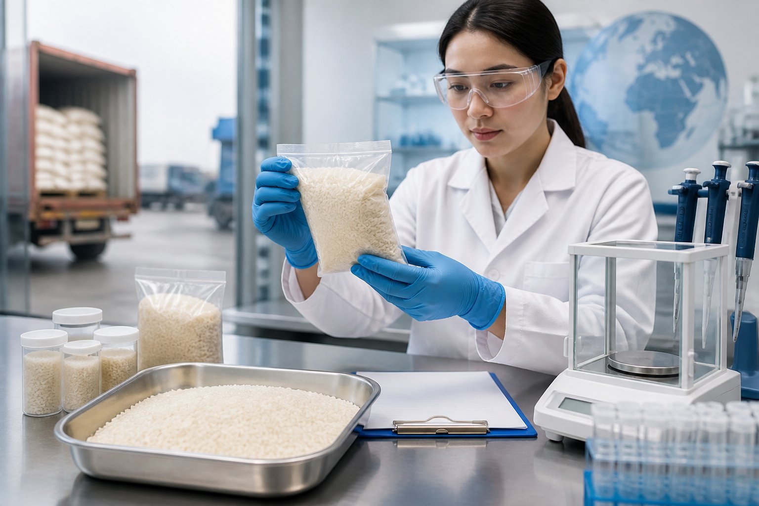 Laboratory analyst examining imported rice samples and testing equipment in a food safety laboratory.