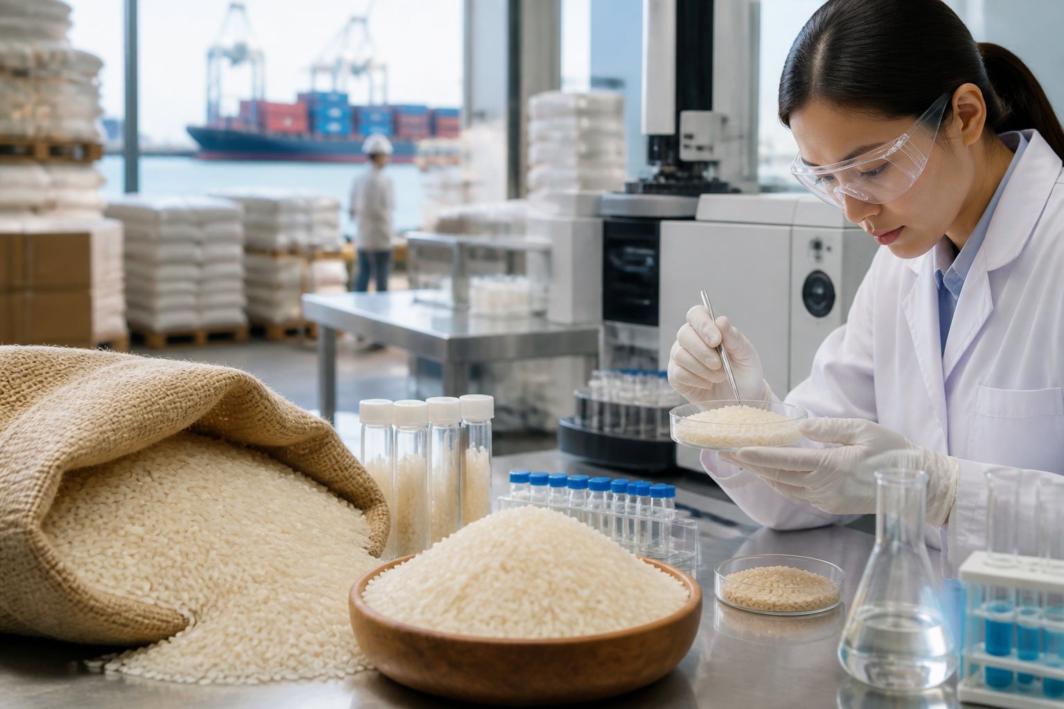A laboratory technician examines rice samples beside testing equipment in a rice import warehouse.