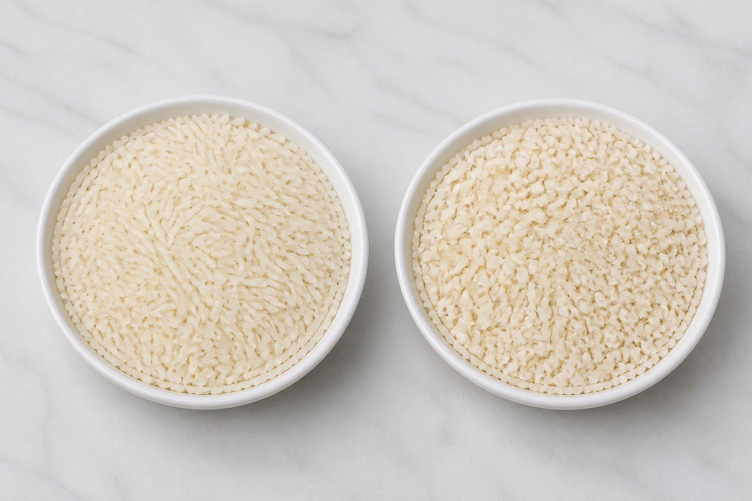 Two bowls of uncooked white rice show a small amount of broken grains in one and a larger amount in the other.