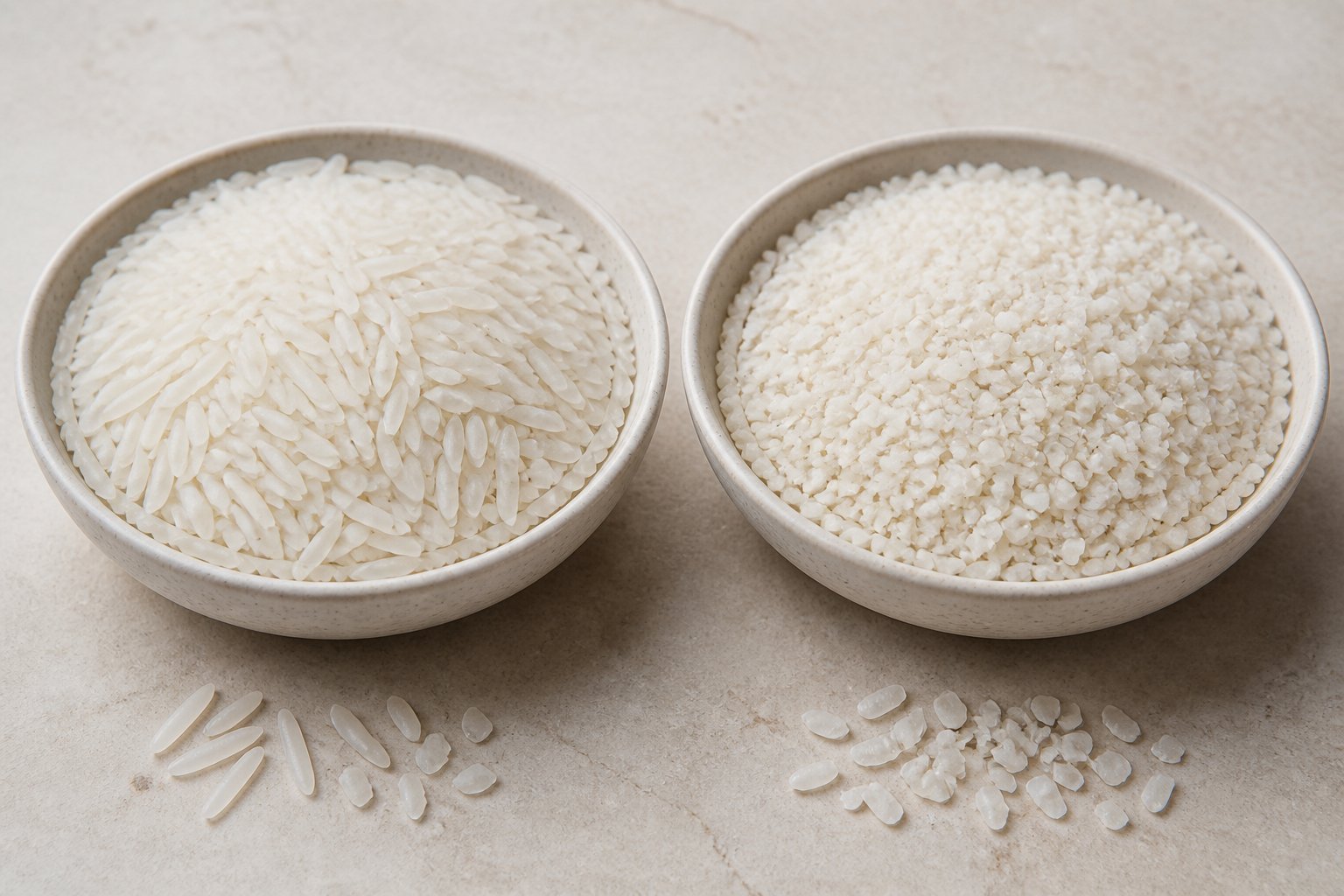 Two bowls of uncooked white rice compare mostly whole grains with a small amount of broken rice to a mixture containing many more broken pieces.