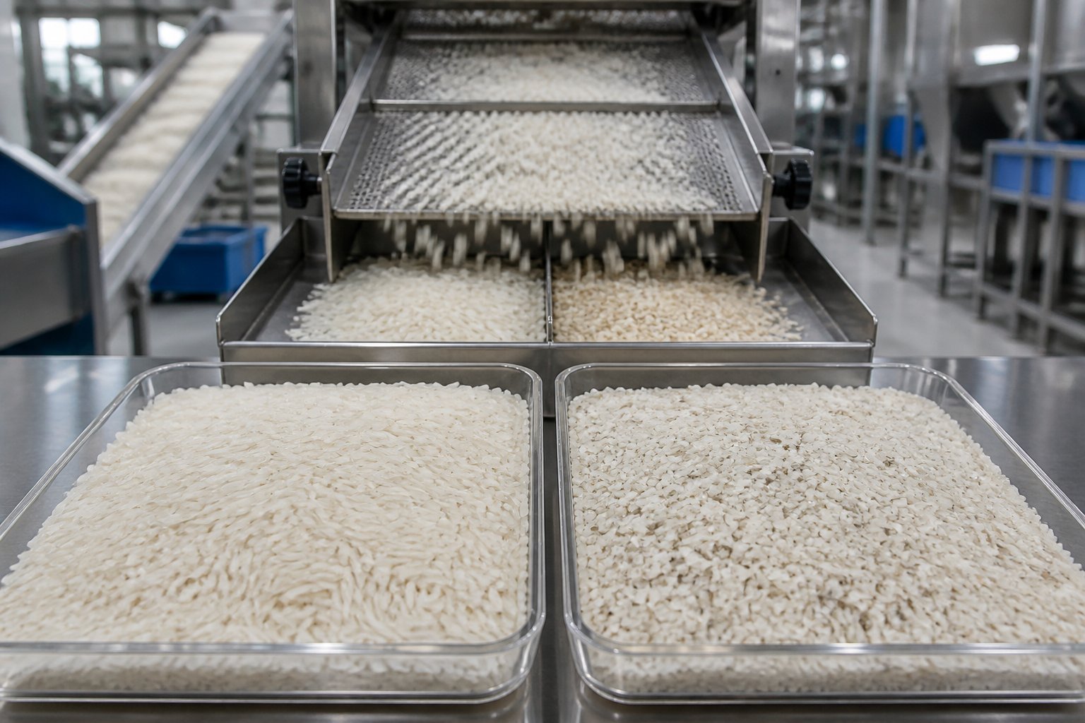 Rice-processing equipment separates intact grains from broken rice in two samples with different proportions of broken pieces.