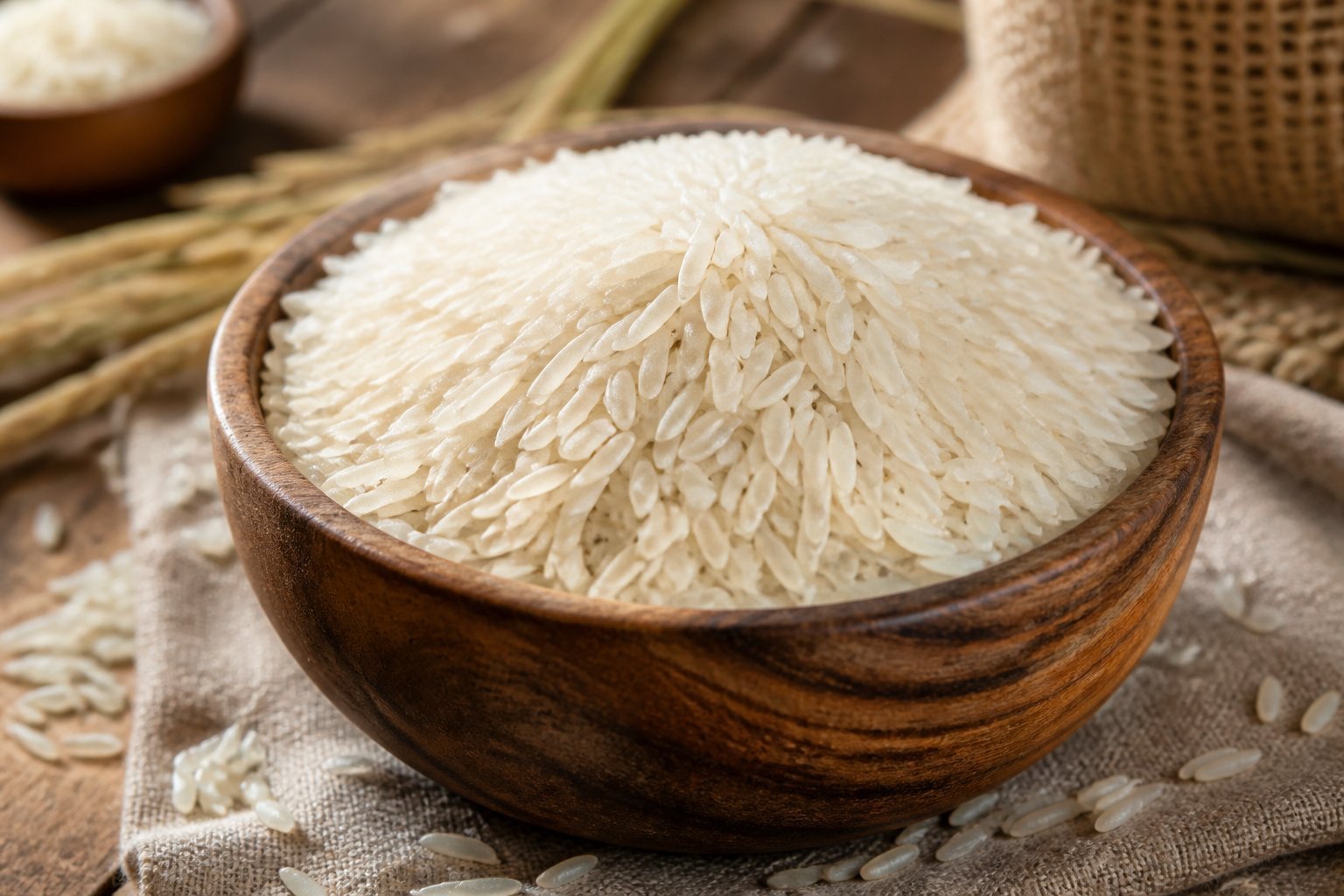 Aged basmati rice in a wooden bowl with grains scattered around