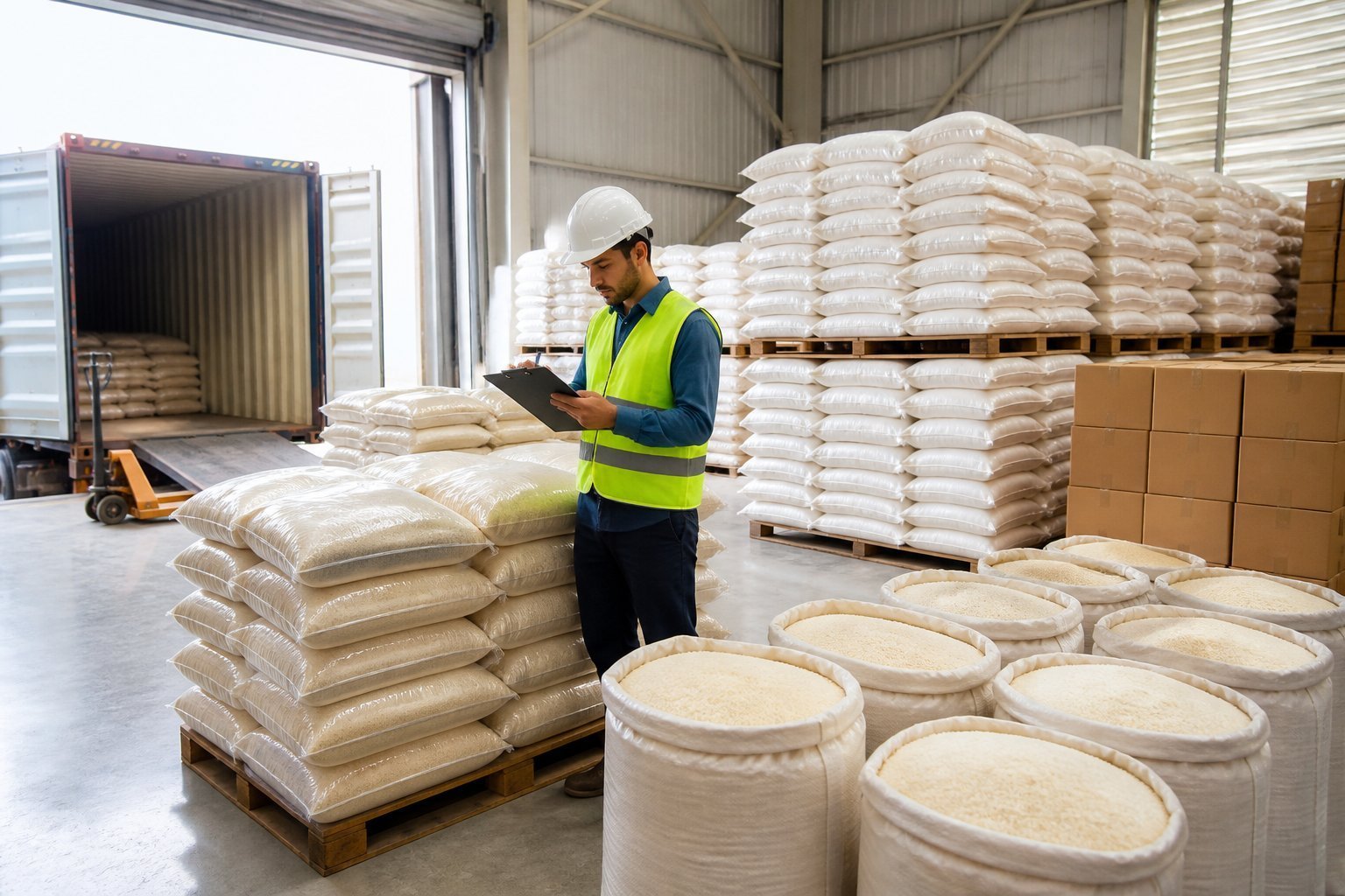 Worker checking pallets of rice for a bulk shipment