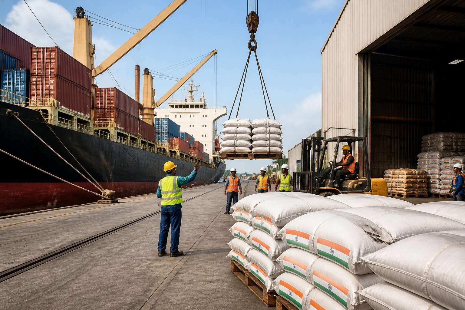Workers unloading rice shipments at a cargo port warehouse