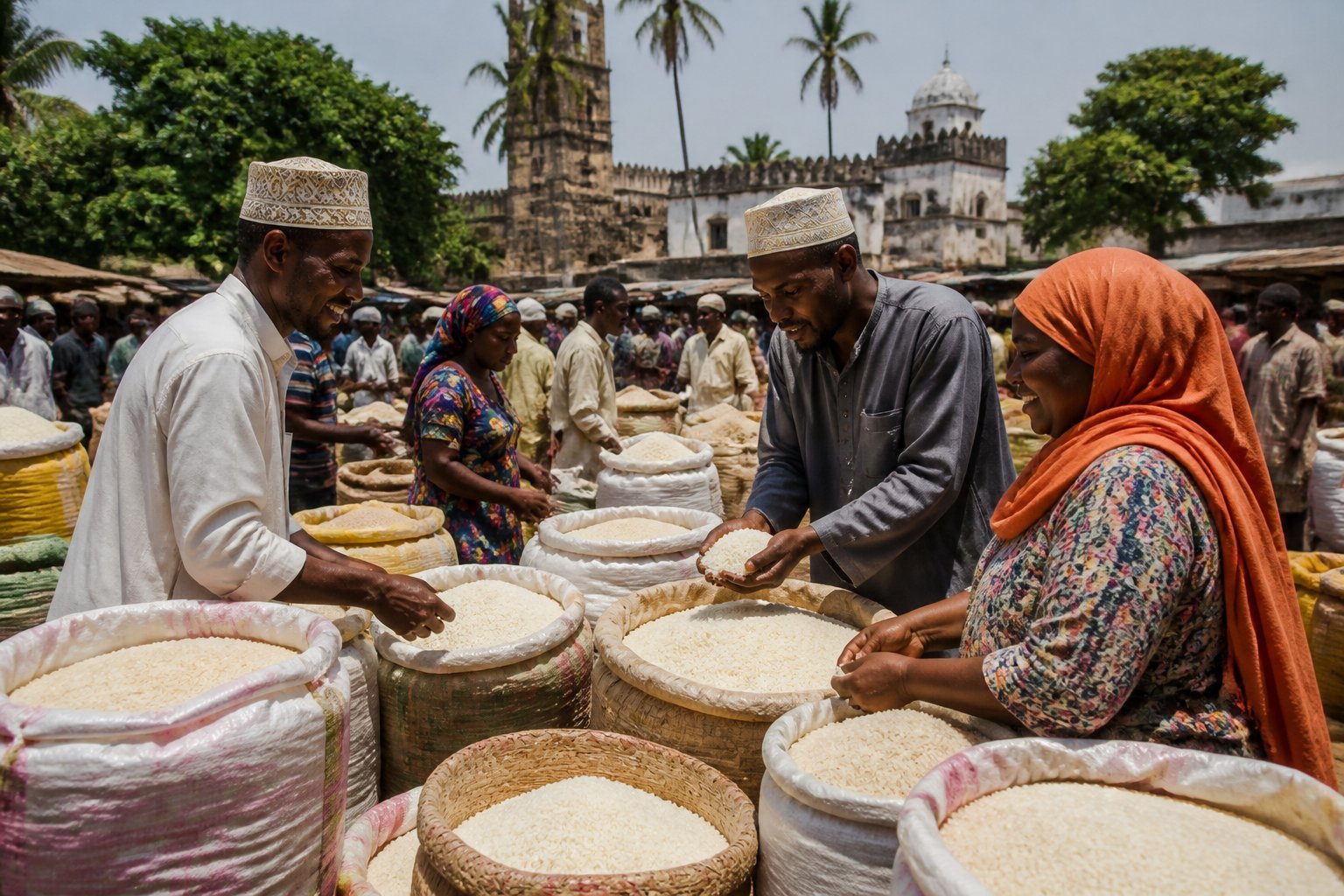 East Africa rice trade: traders buying and selling rice in bags and baskets