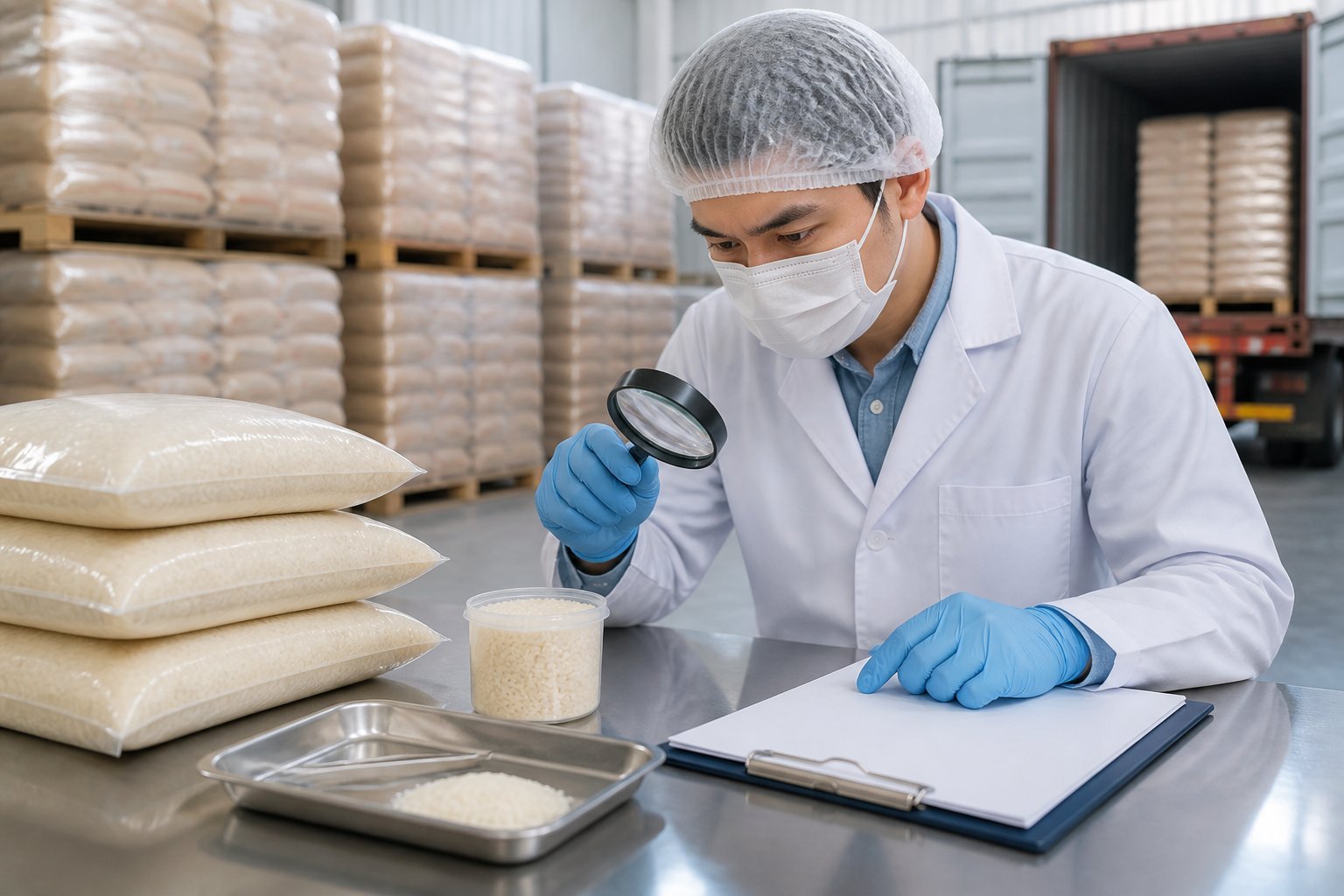 Inspector checking a rice sample beside sealed bags in an export warehouse