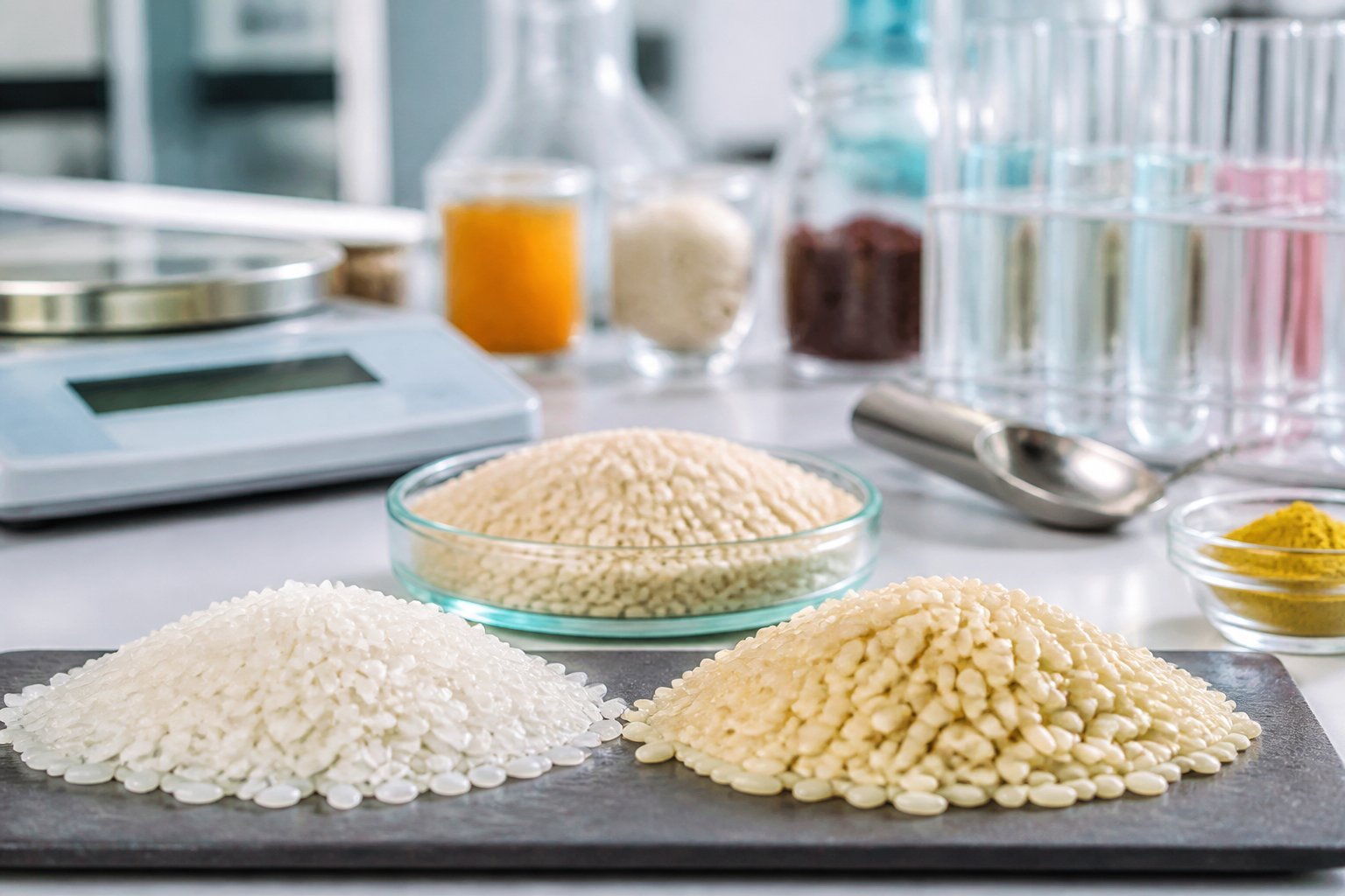 Fortified kernels next to ordinary white rice in a lab