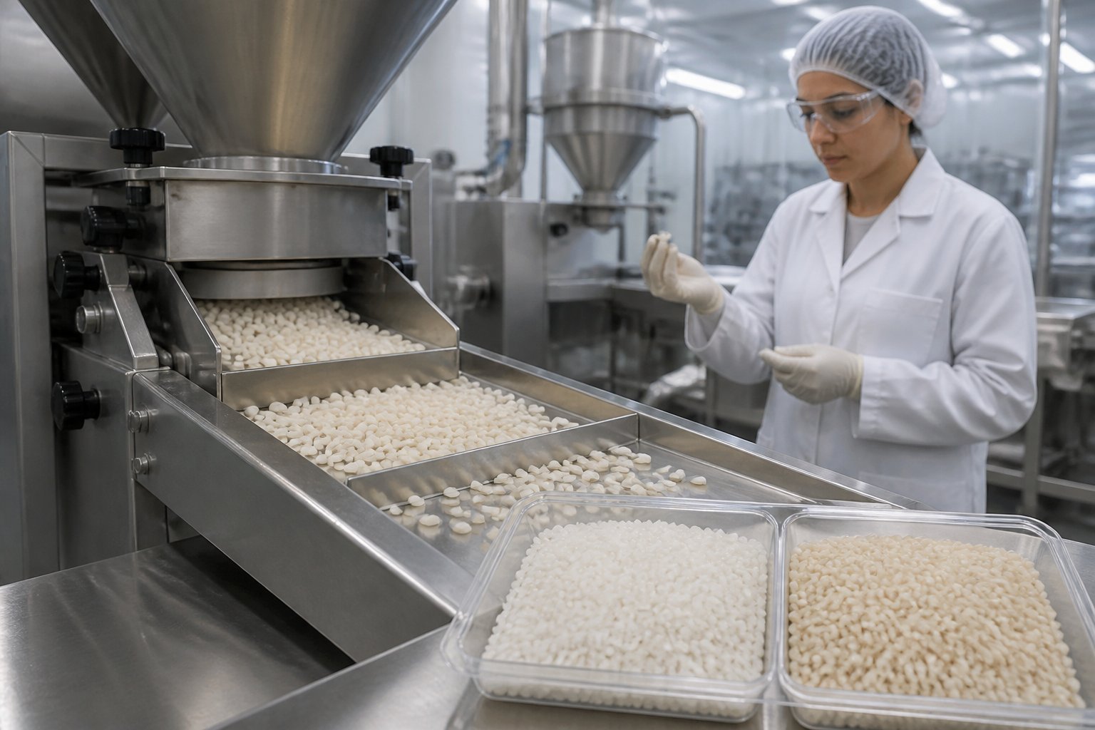 Food technologist checking fortified kernels on a processing line