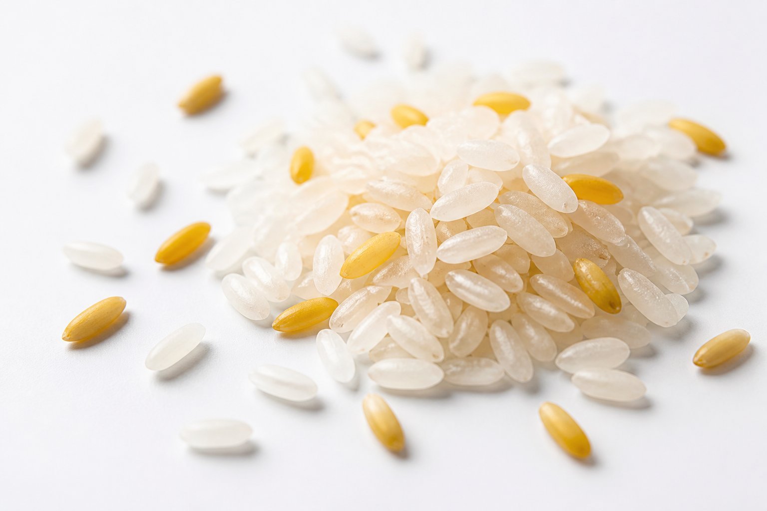 White rice grains mixed with golden fortified rice kernels