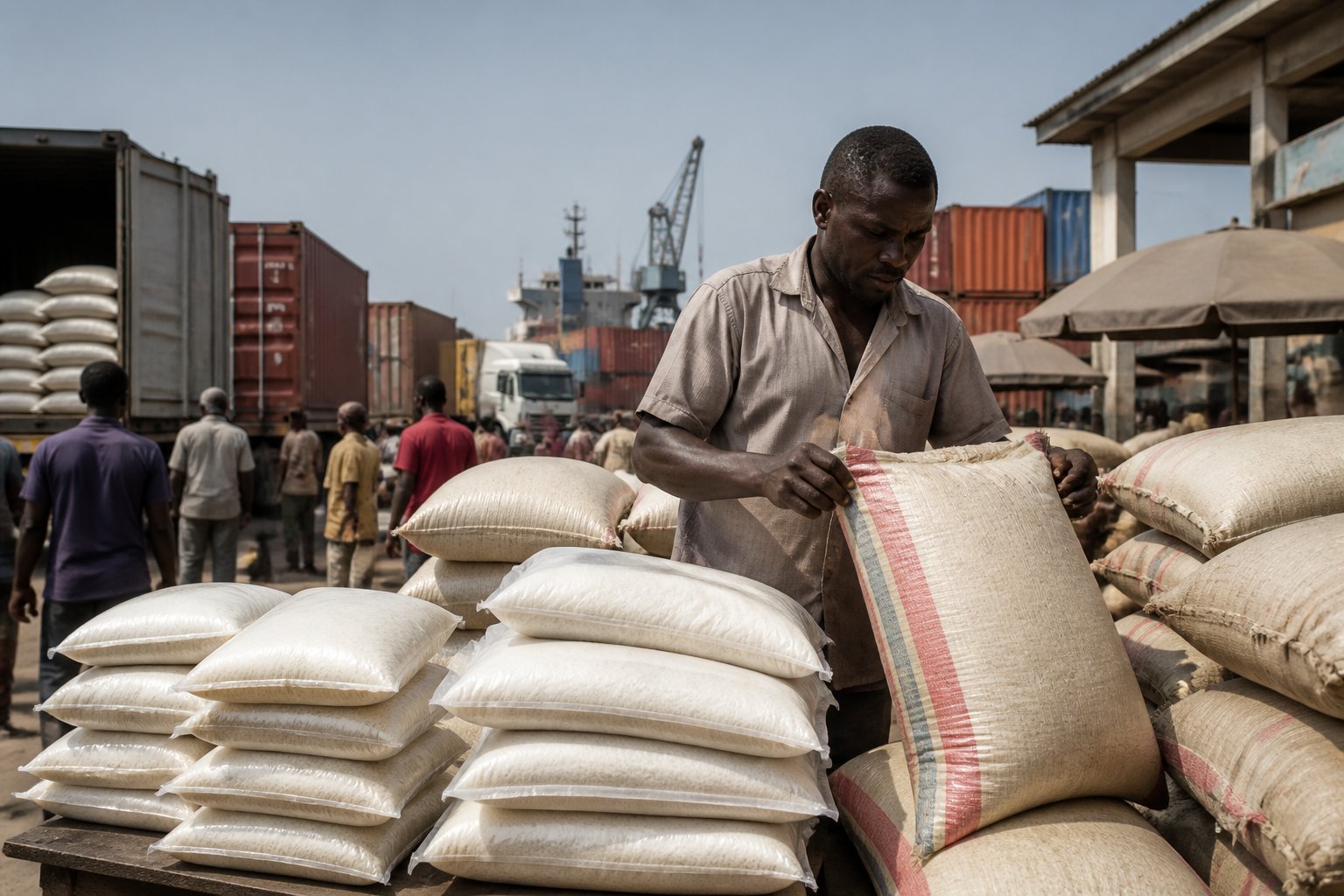 Ghanaian market vendor beside stacked sacks of rice