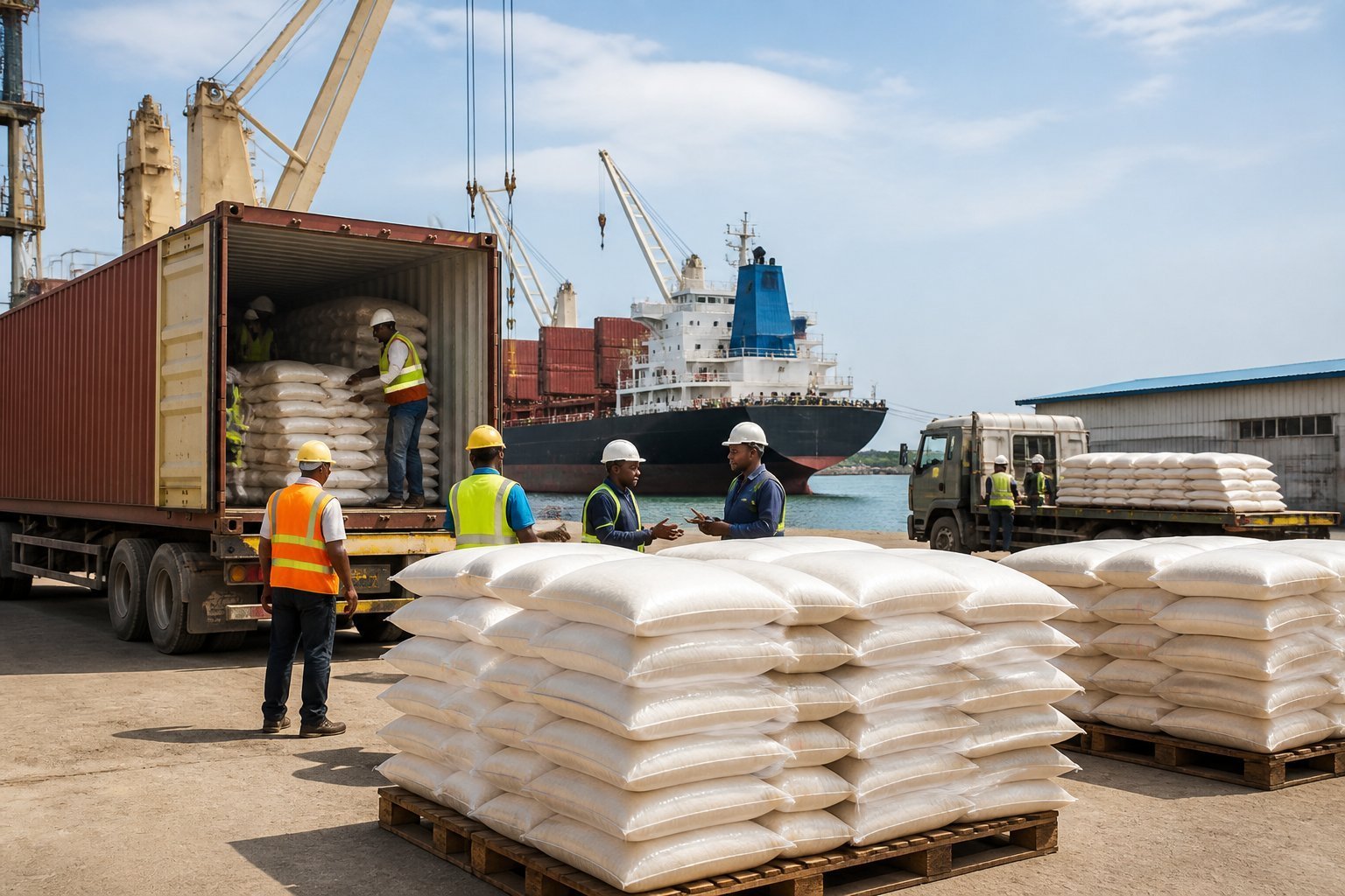 Imported rice unloaded near a Ghanaian port with trucks and a ship