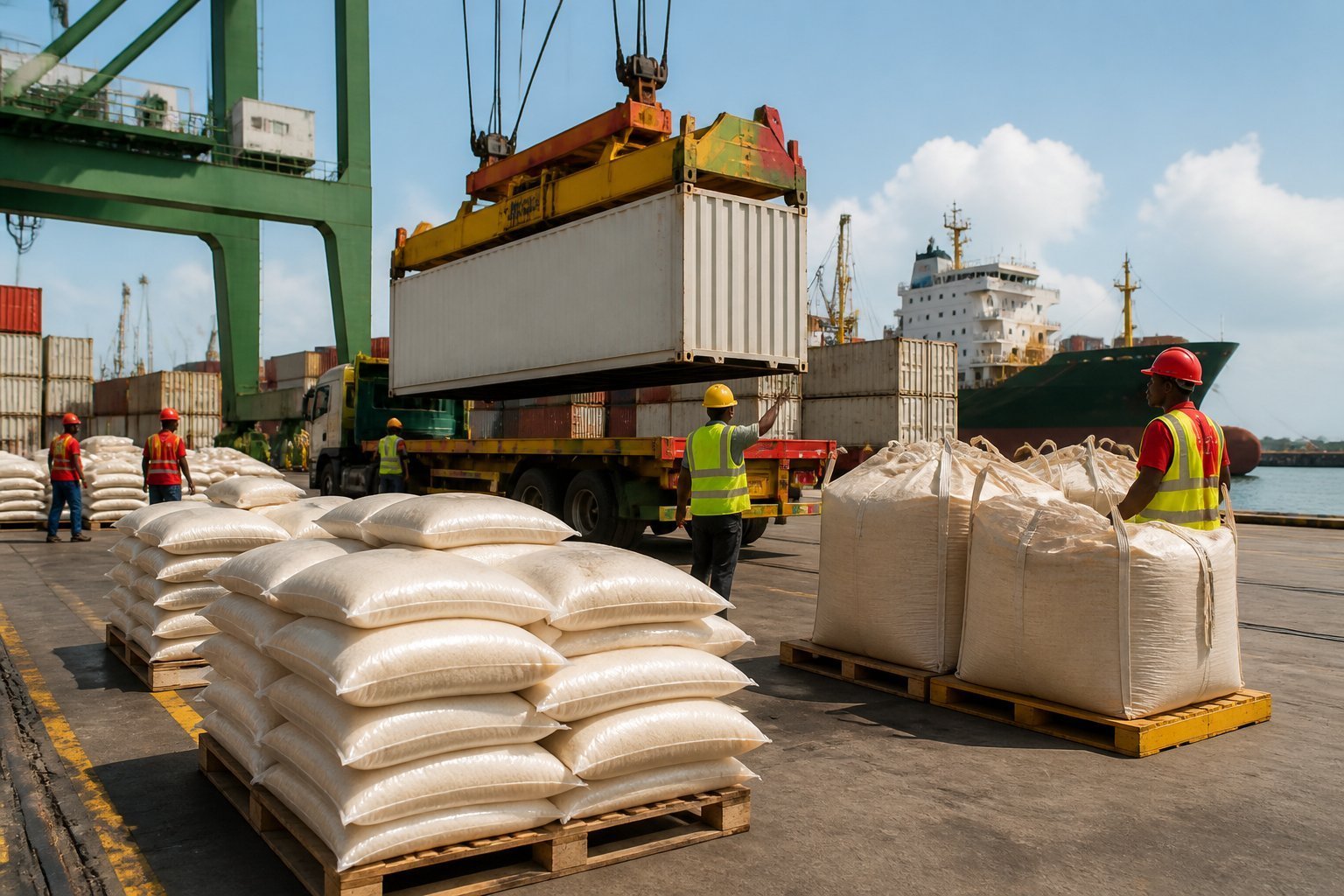 Ghana rice imports: workers unloading rice from containers at a seaport
