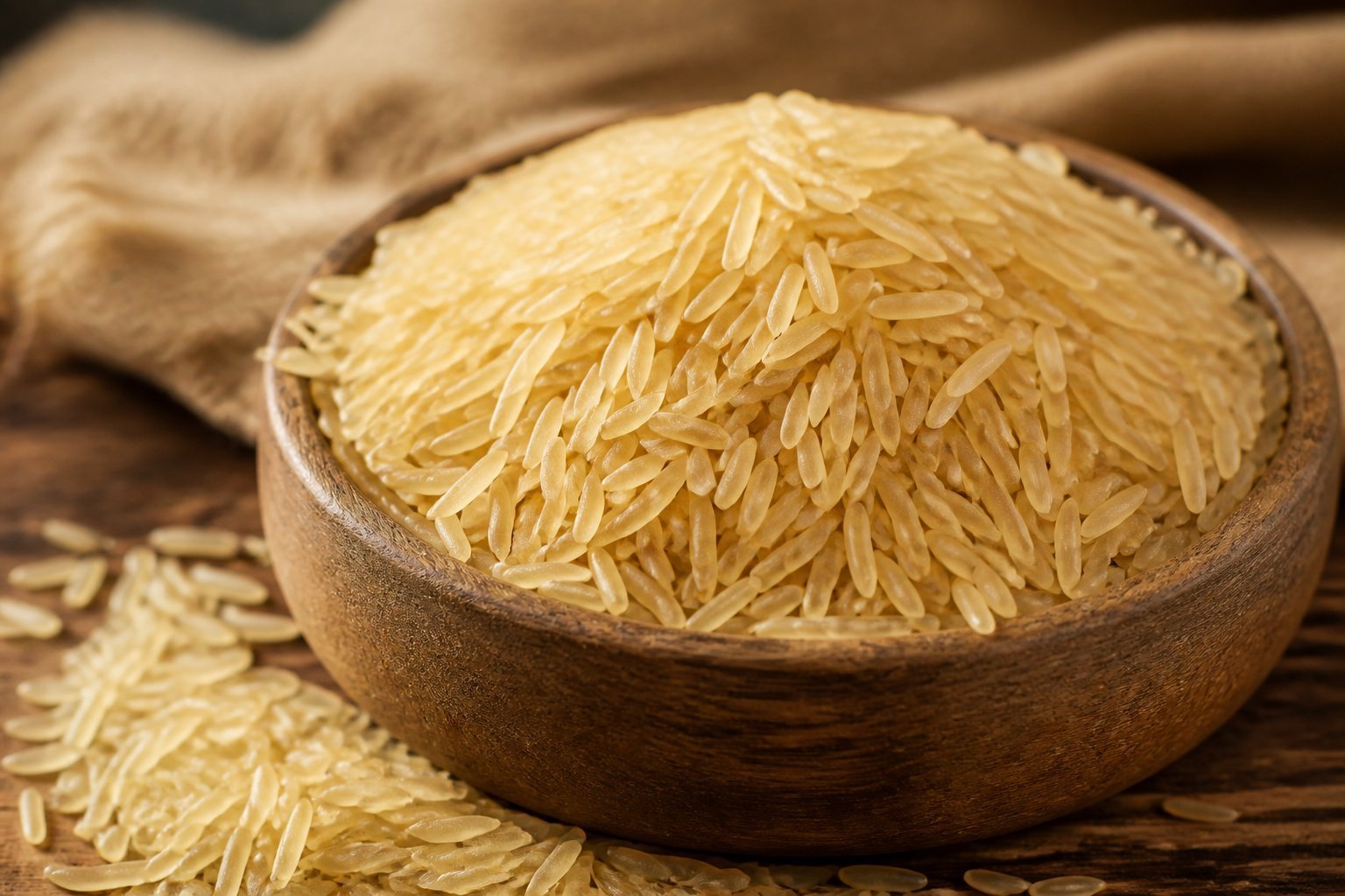 Golden sella basmati grains in a wooden bowl, some spilled on the table