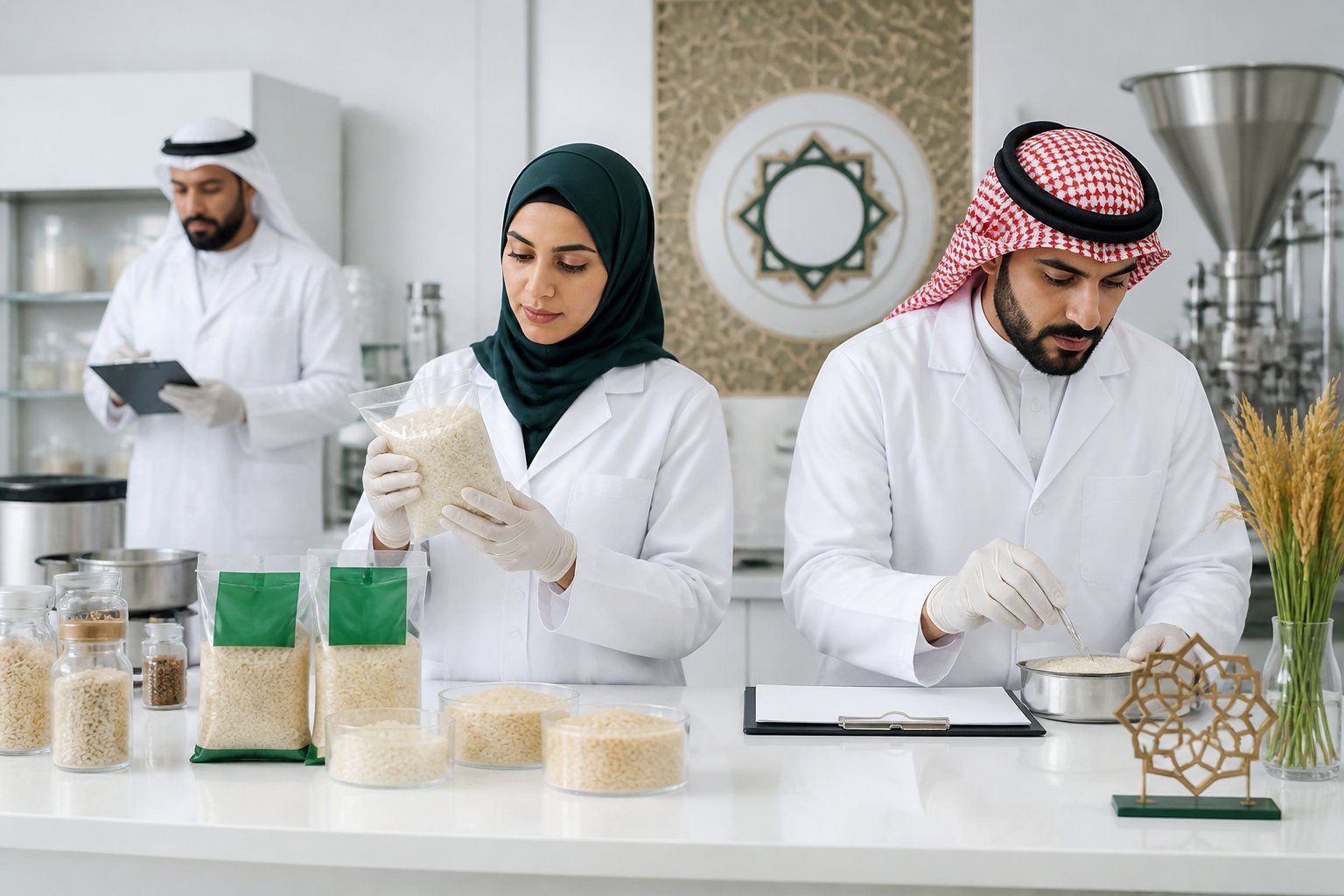Certification staff inspecting rice samples and packaging in a lab