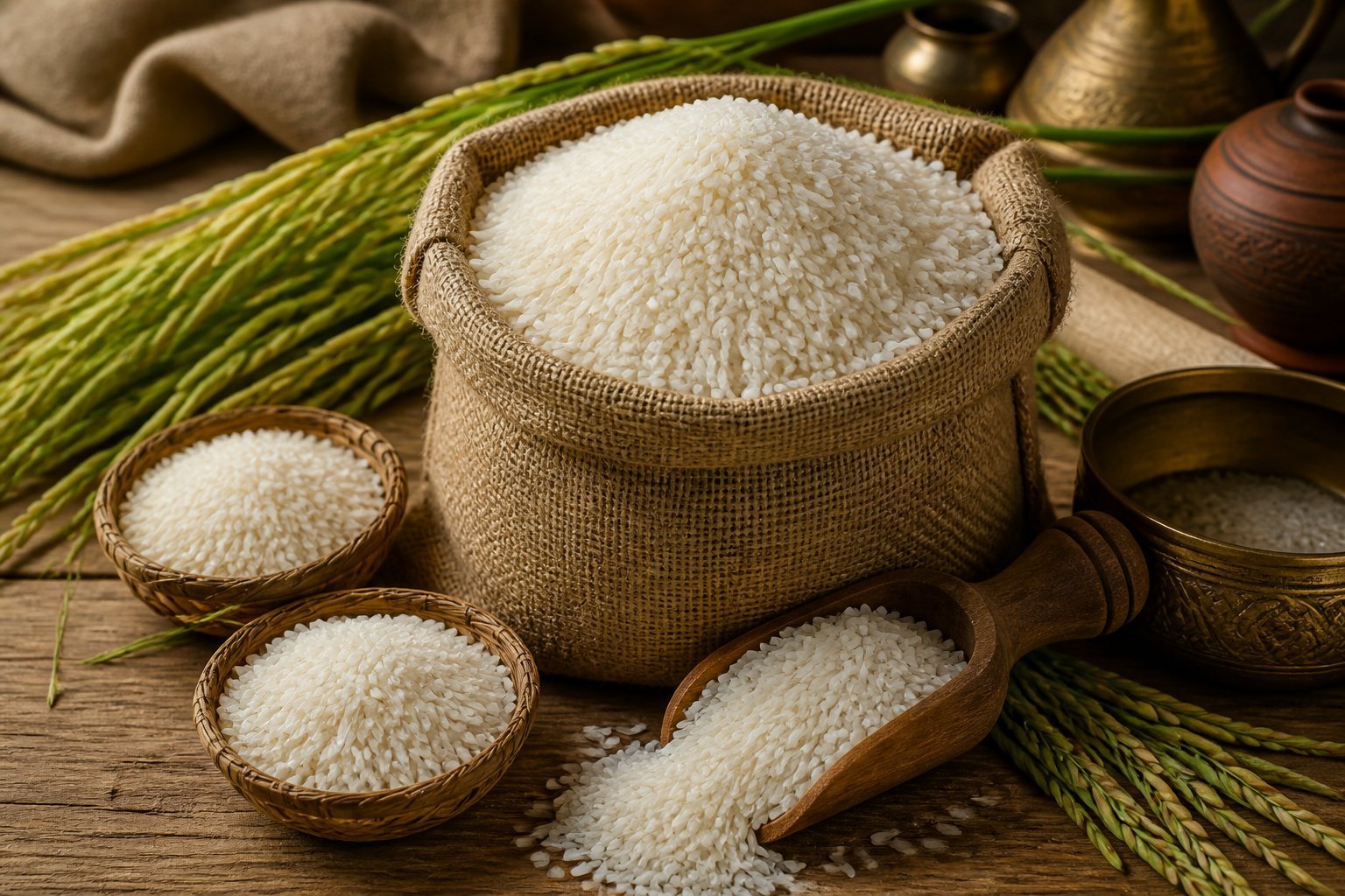 Jasmine rice in a burlap sack with woven baskets and a wooden scoop