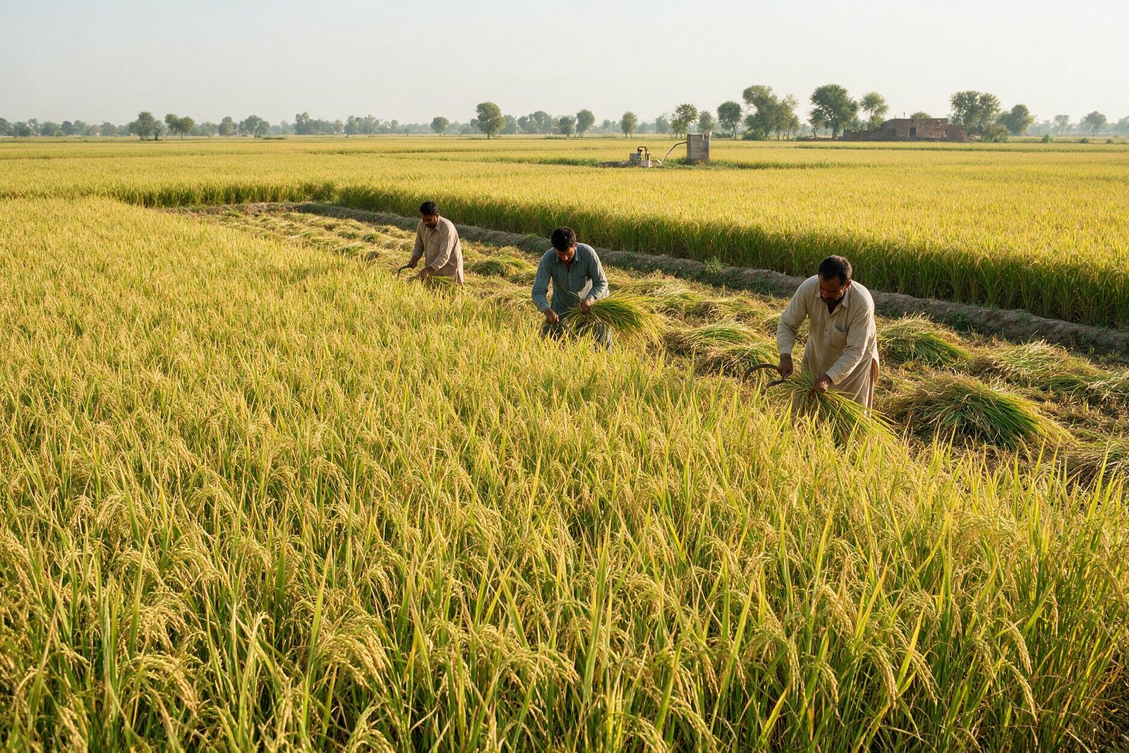 Farmers harvesting basmati paddy by hand on the flat Kalar Tract plain in Punjab