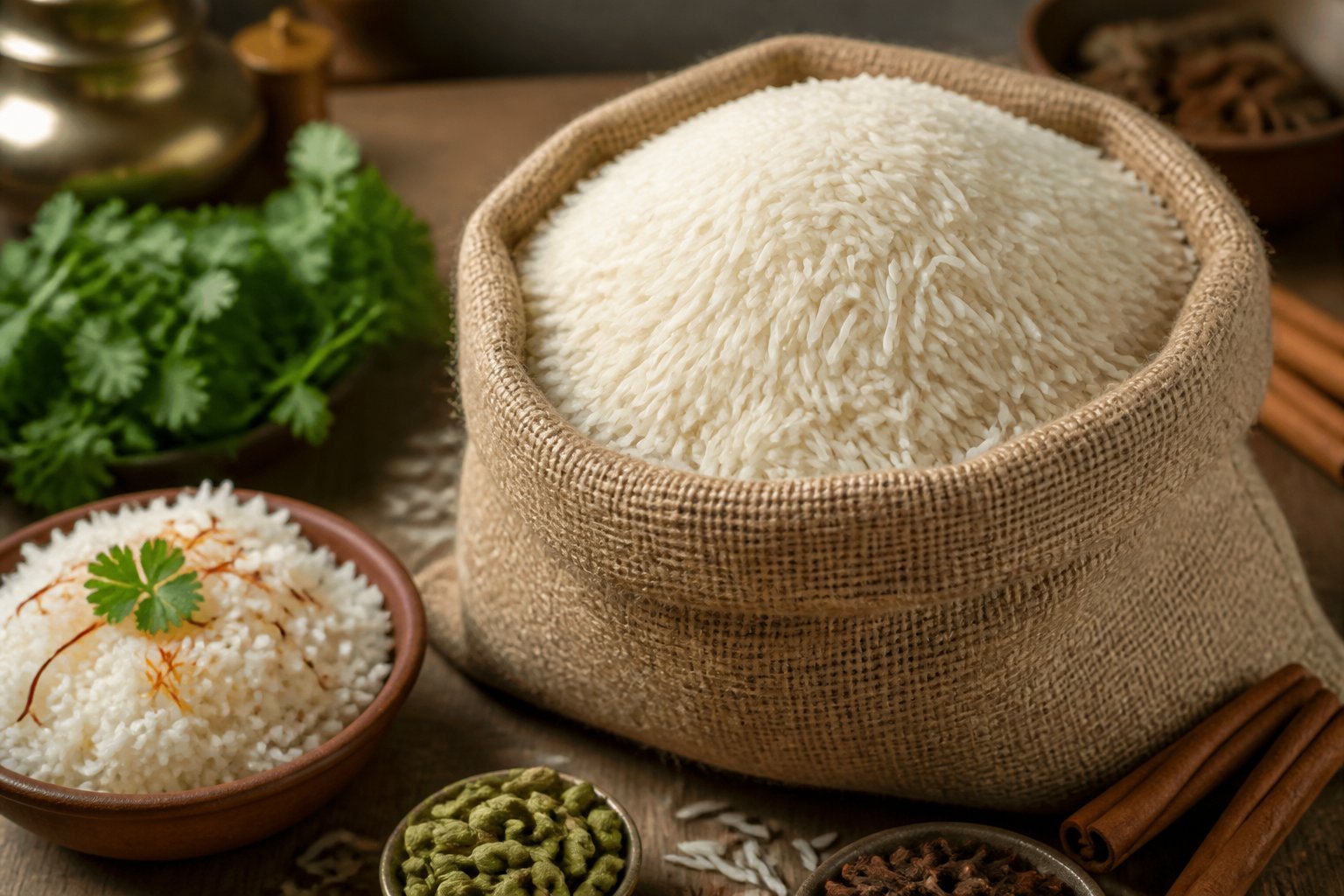 Sack of Kalar Tract basmati rice with spices and a bowl of cooked rice