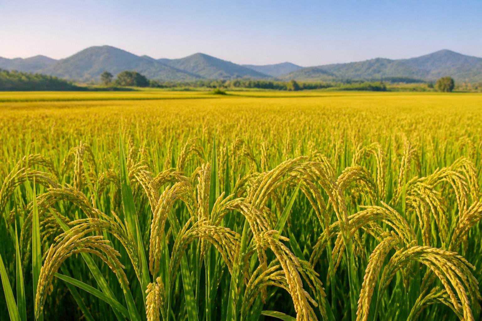 Golden rice fields in the Kalar Tract under a clear blue sky