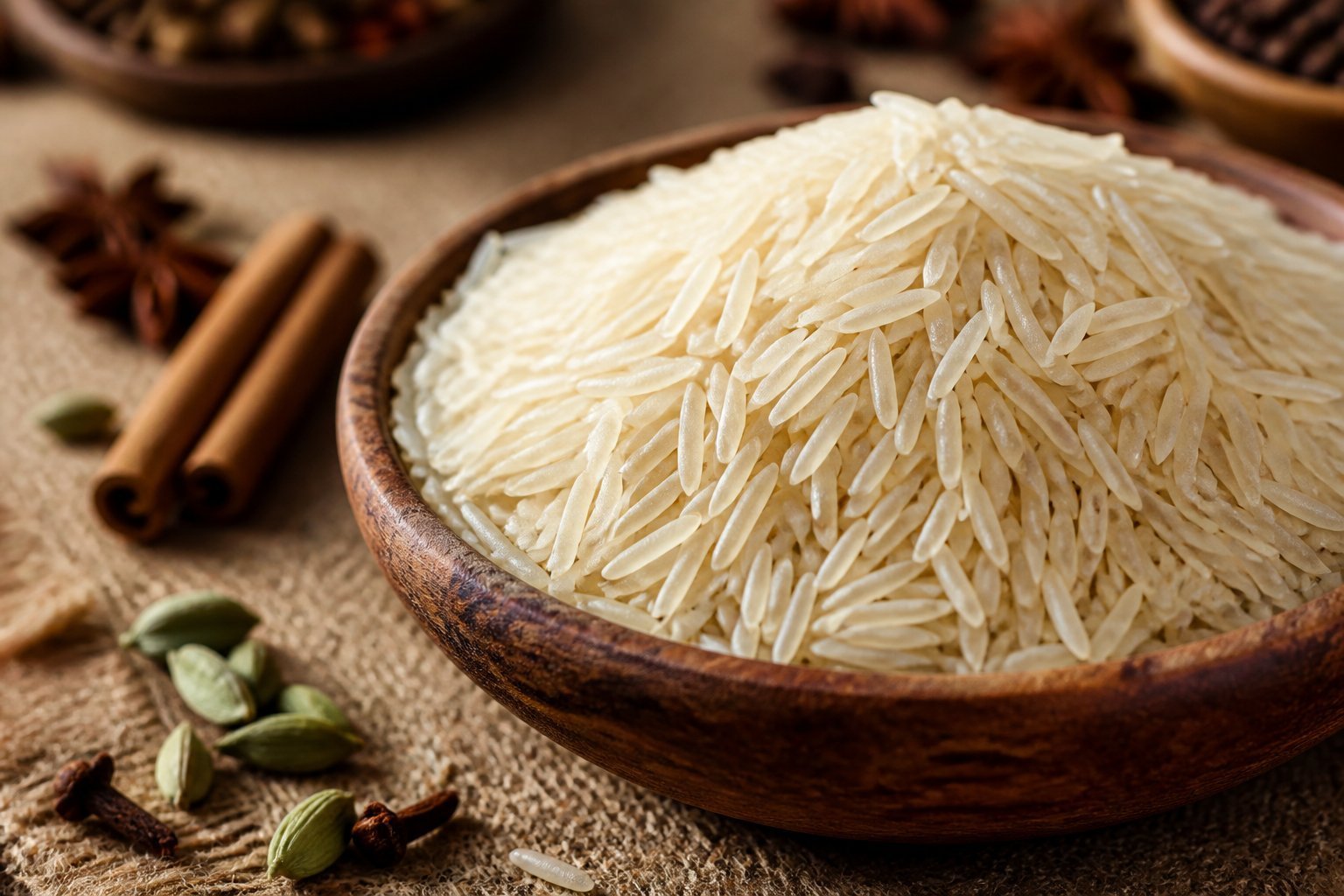 Long aged basmati grains in a wooden bowl on natural fabric