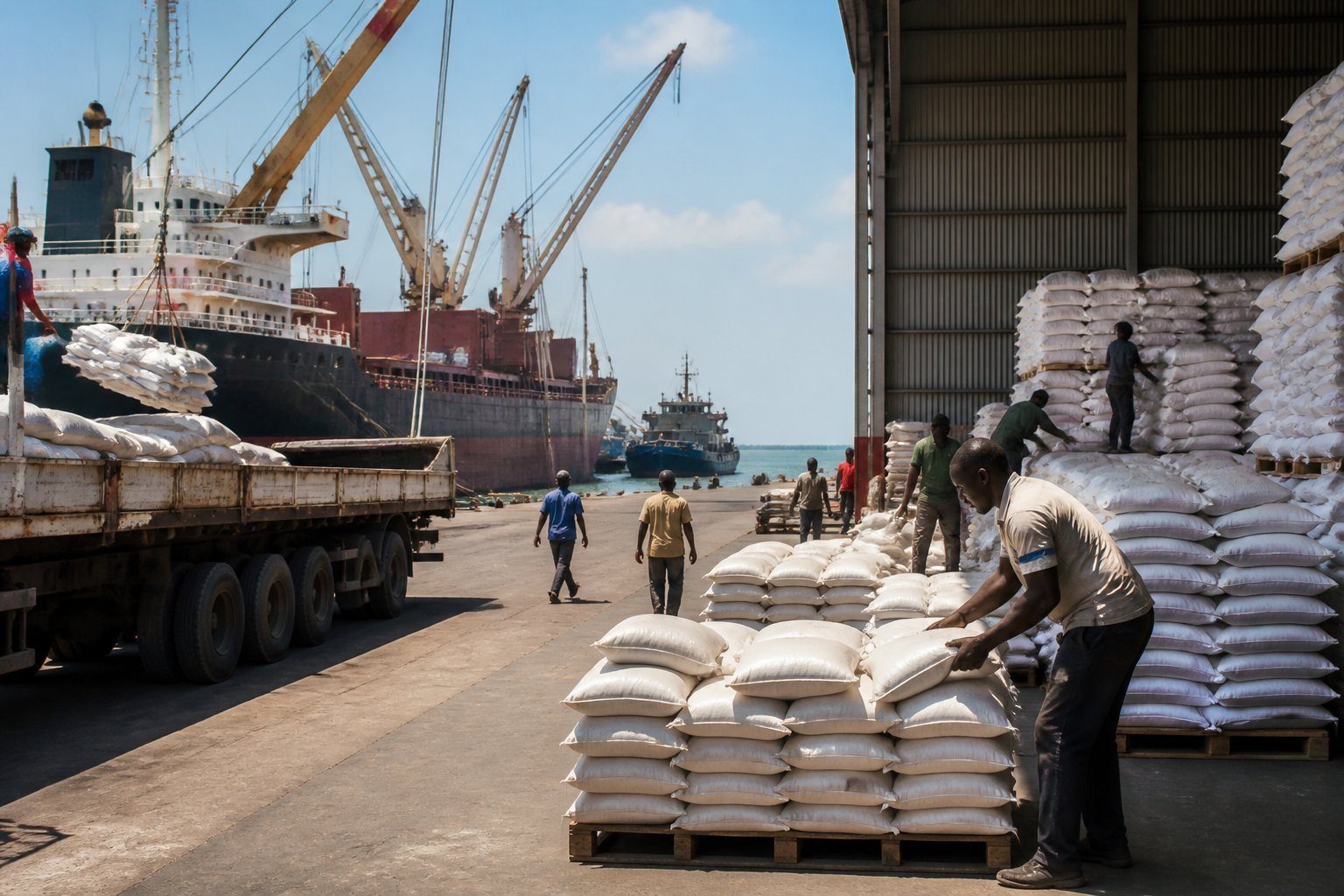 Rice sacks and containers at a busy Mozambique port