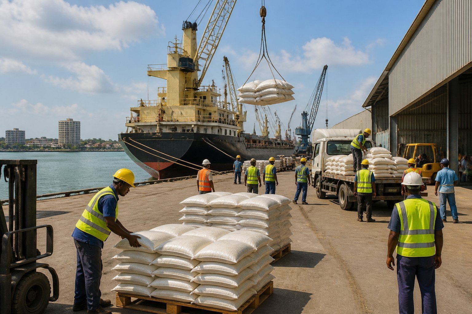 Mozambique rice imports: workers unloading rice sacks from a cargo ship