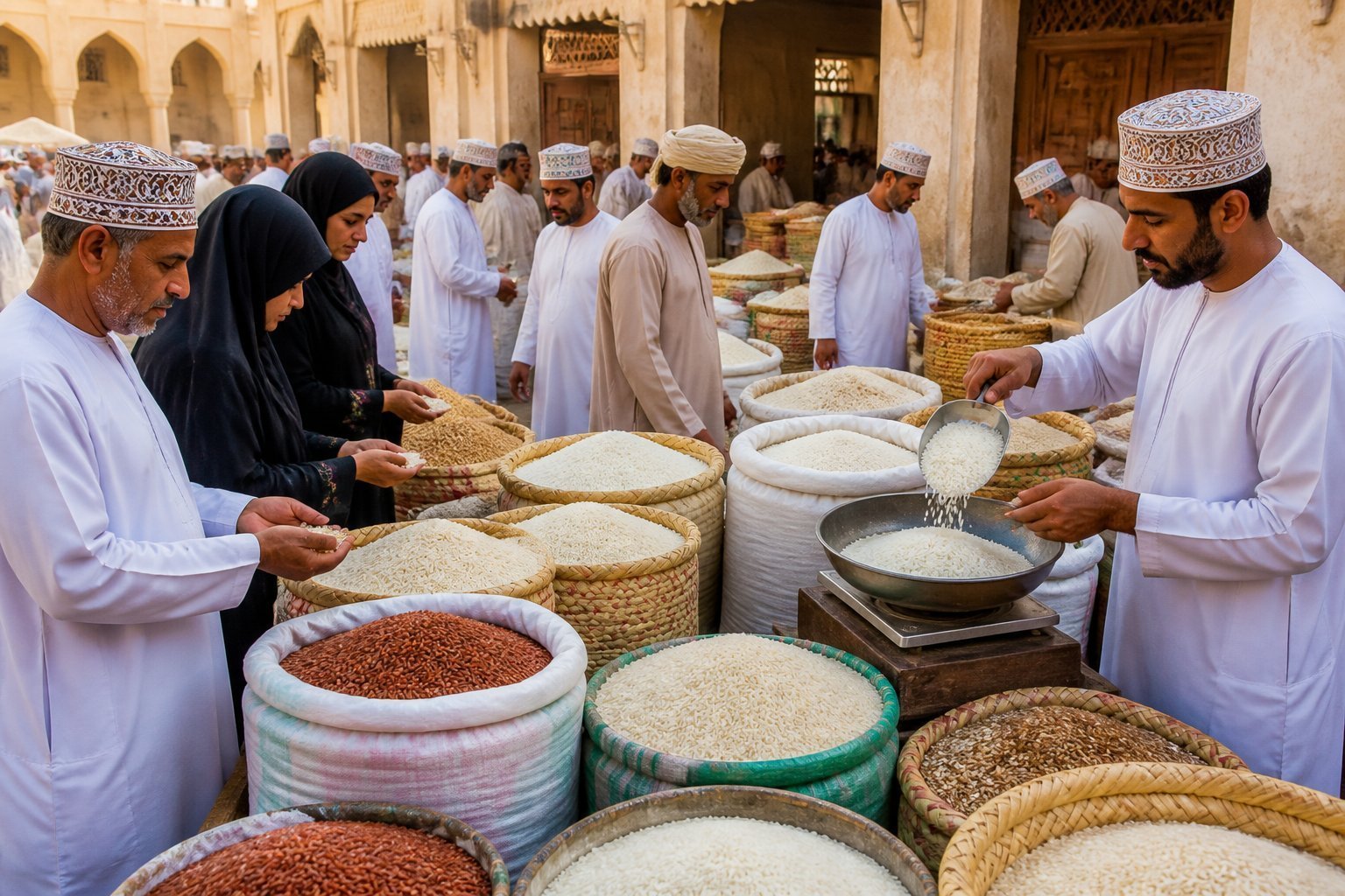 Oman rice market: vendors and buyers among rice sacks in an open-air market